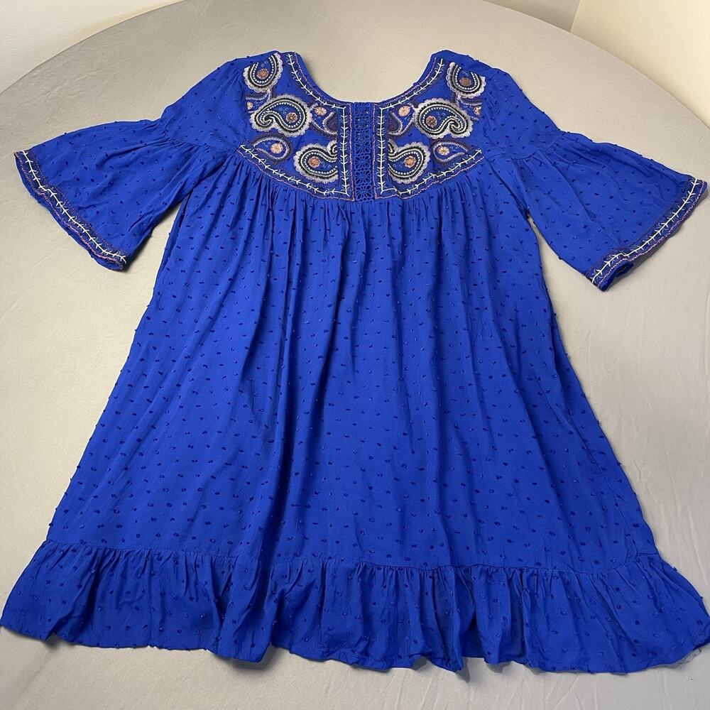 Umgee Small Blue Women's Paisley Embroidered Bell Sleeve Mini Dress Bohemian - Picture 2 of 10